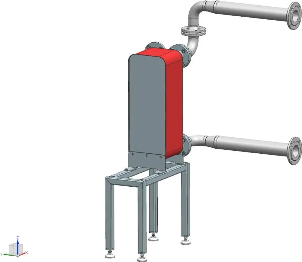 Hydraulische Trennstation mit rotem Gehäuse und länglichen Anschlussrohren, montiert auf einem stabilen Gestell. Von Bosch, geeignet für hydraulische Systemtrennung.